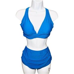 Women's Halter Top Ruched Bikini Blue Two Piece Bathing Suit - Large